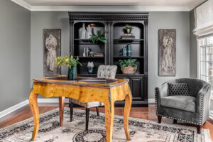This design includes interior decoration done by Adair. This is the choice for carpet, seating and the office desk in the office remodel. This was for a first-floor renovation.